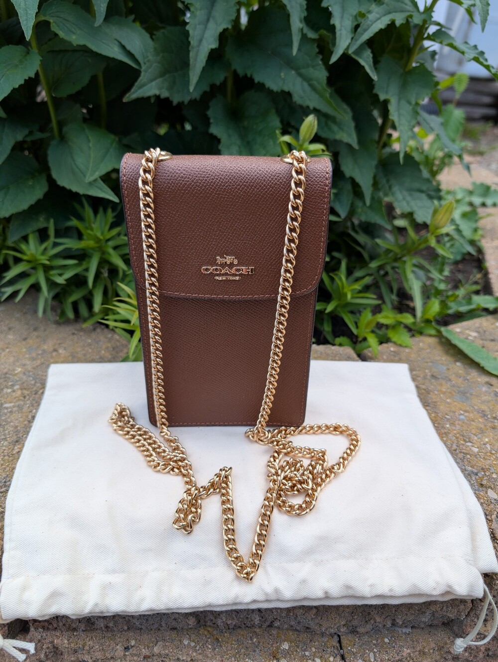 Coach North/South Brown Leather Phone Crossbody with 23" Gold Chain